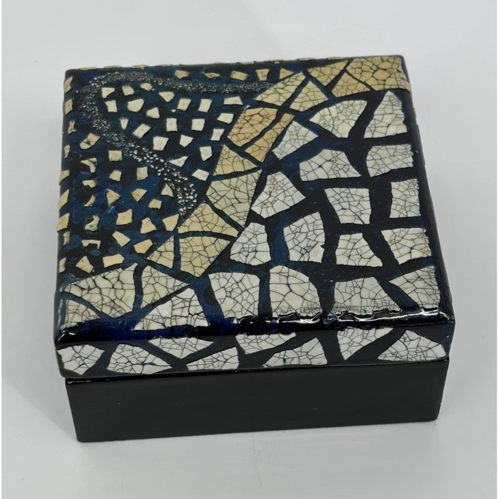 Faux Mosaic Enamel Trinket Box with Interior Mirror Velvet Lining